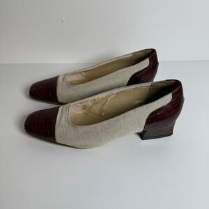 Talbots Women's 7.5 N Beige‎ Canvas Brown Croc Leather Block Heel Shoes Italy